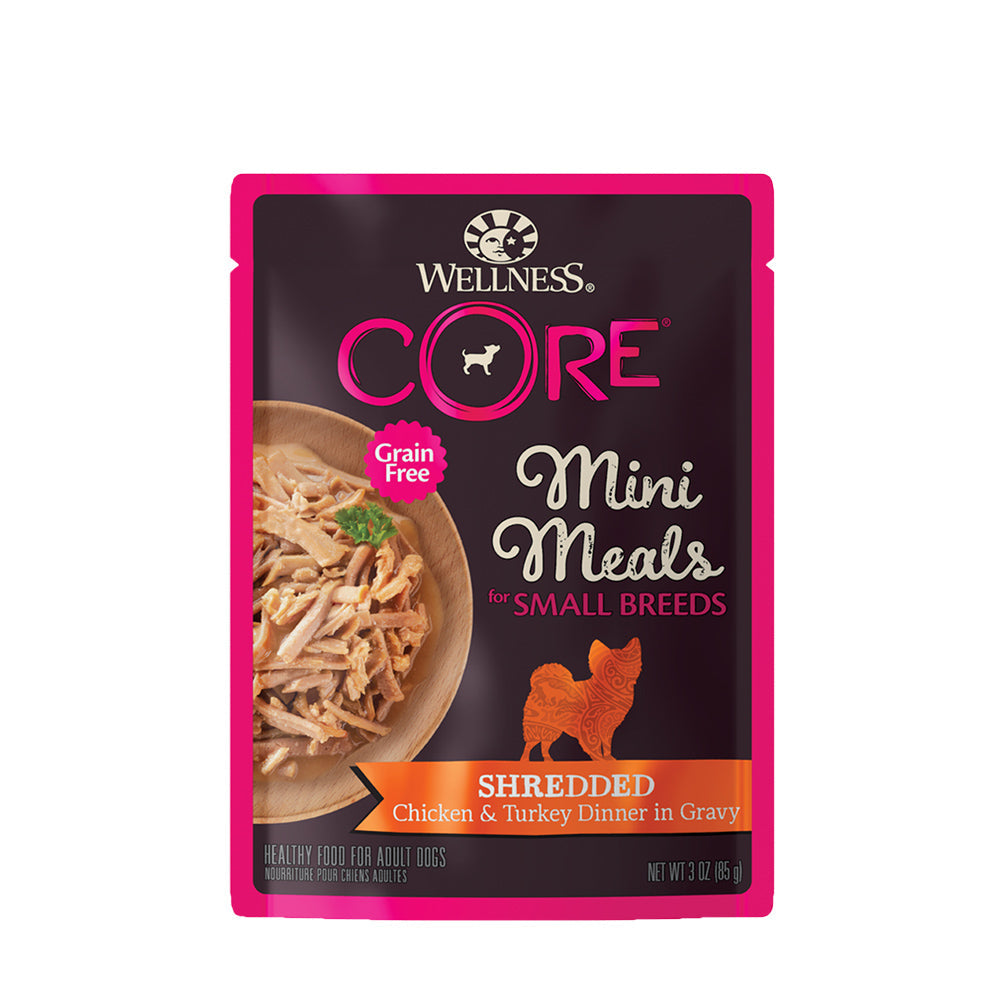Wellness Dog Pouch Core Small Breed Mini Meals Shredded Chicken & Turkey Dinner in Gravy 85g