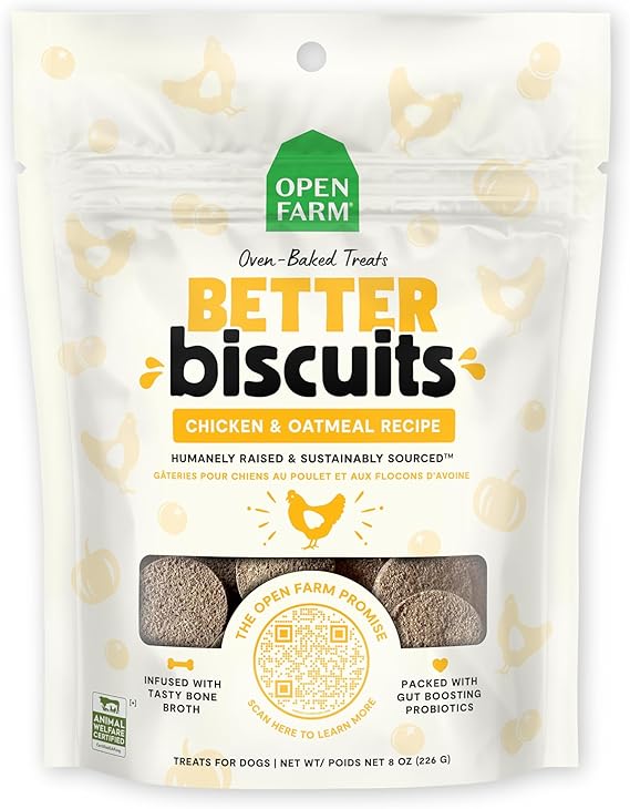Open Farm Better Biscuits Chicken & Oatmeal Recipe Oven Baked Dog Treats with Probiotics 226g