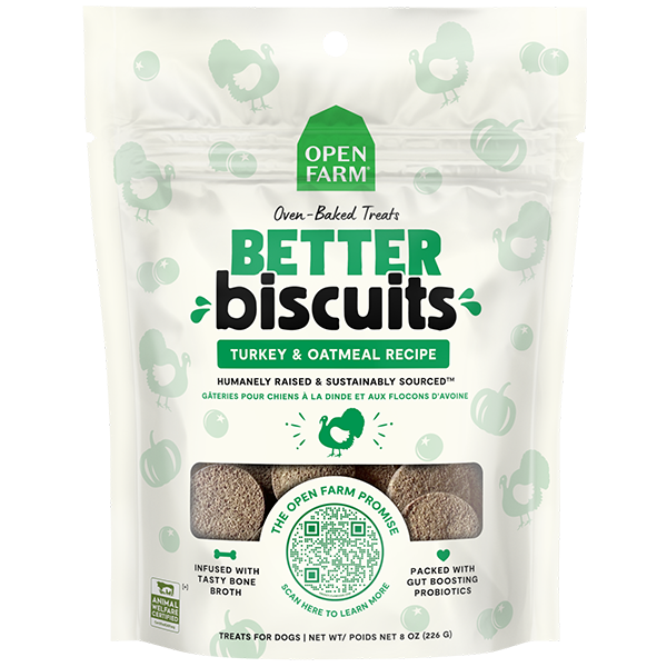 Open Farm Better Biscuits Turkey & Oatmeal Recipe Oven Baked Dog Treats with Probiotics 226g