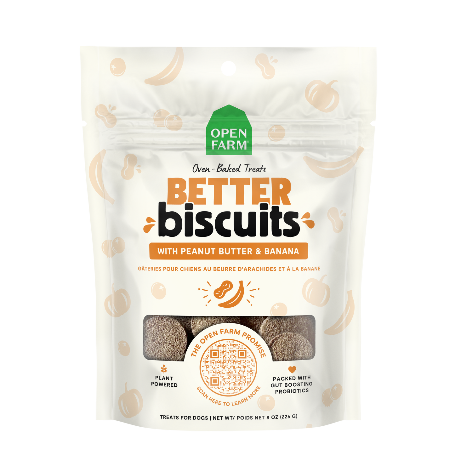 Open Farm Better Biscuits Peanut Butter & Banana Oven Baked Dog Treats with Probiotics 226g