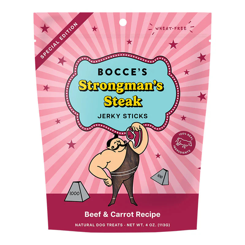 Bocce's Bakery Strongman's Steak Jerky Sticks Beef & Carrot Recipe Dog Treats 113g