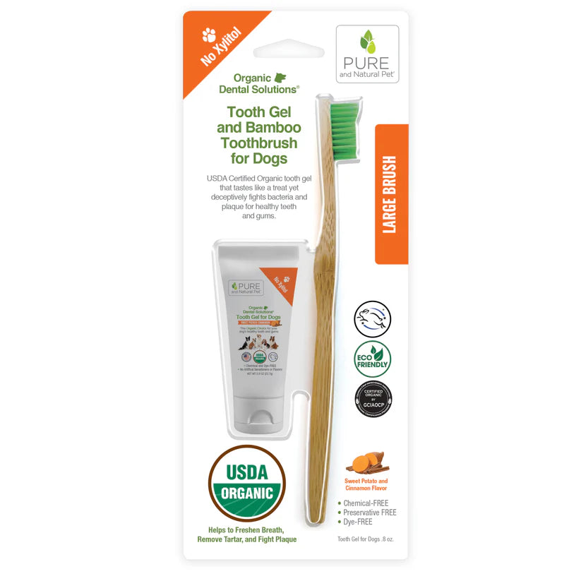 Pure and Natural Pet USDA Organic Dental Kit Toothgel and Large Bamboo Toothbrush for Dogs