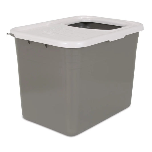 Petmate Enclosed Cat Litter Box Top Entry Nickel and White