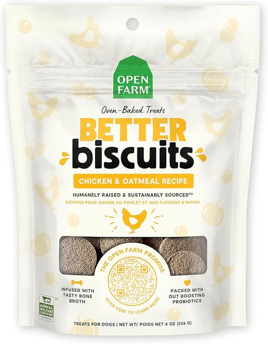 Open Farm Better Biscuits Chicken & Oatmeal Recipe Oven Baked Dog Treats with Probiotics 226g