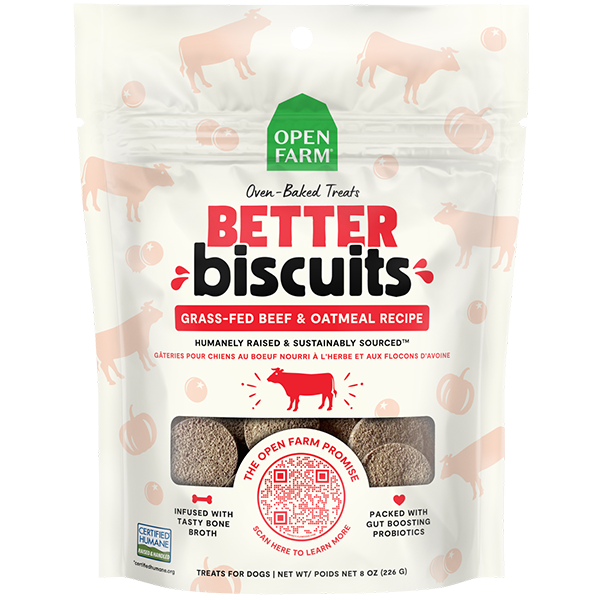 Open Farm Better Biscuits Grass-Fed Beef & Oatmeal Recipe Oven Baked Dog Treats with Probiotics 226g