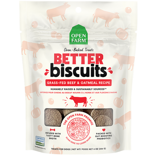 Open Farm Better Biscuits Grass-Fed Beef & Oatmeal Recipe Oven Baked Dog Treats with Probiotics 226g