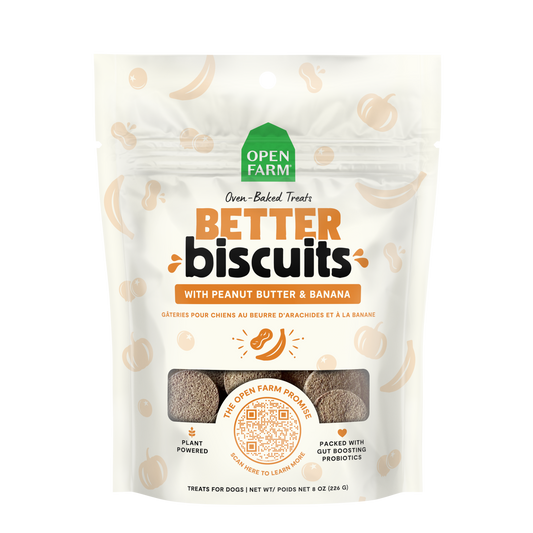 Open Farm Better Biscuits Peanut Butter & Banana Oven Baked Dog Treats with Probiotics 226g