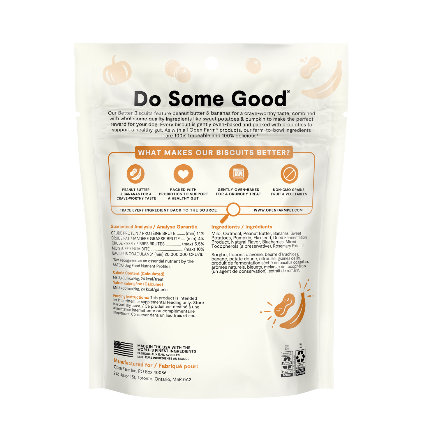 Open Farm Better Biscuits Peanut Butter & Banana Oven Baked Dog Treats with Probiotics 226g