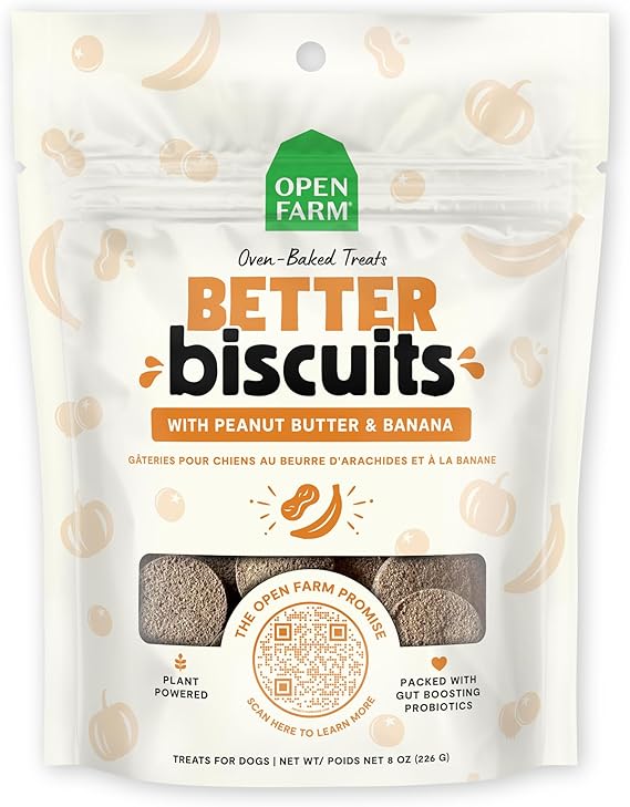 Open Farm Better Biscuits Peanut Butter & Banana Oven Baked Dog Treats with Probiotics 226g