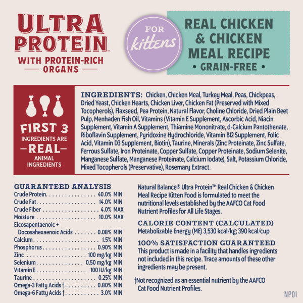 Natural Balance Ultra Protein Chicken & Chicken Meal Kitten Recipe with Organs Dry Cat Food 1.36kg