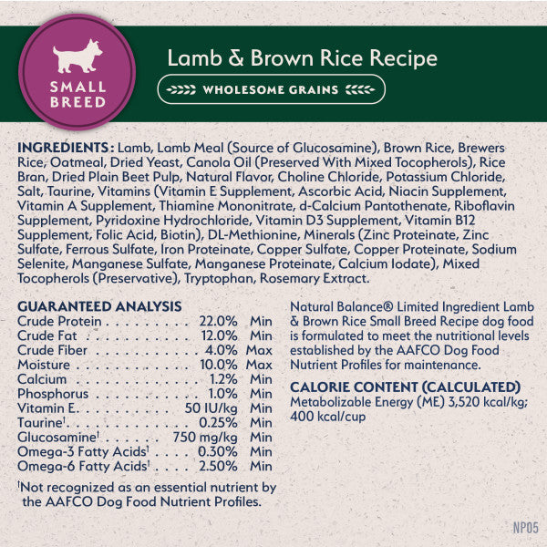 Natural Balance L.I.D. Lamb & Brown Rice Dry Dog Food for Small Breed 1.8kg