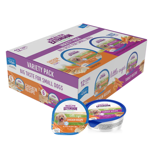 Health Extension Little Cups Grain-free Wet Dog Food Chicken Recipe & Turkey Recipe Variety Box 12 cups x 99.2g