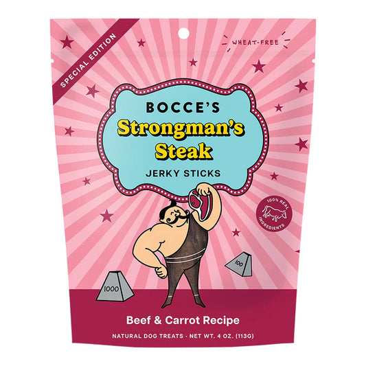 Bocce's Bakery Strongman's Steak Jerky Sticks Beef & Carrot Recipe Dog Treats 113g