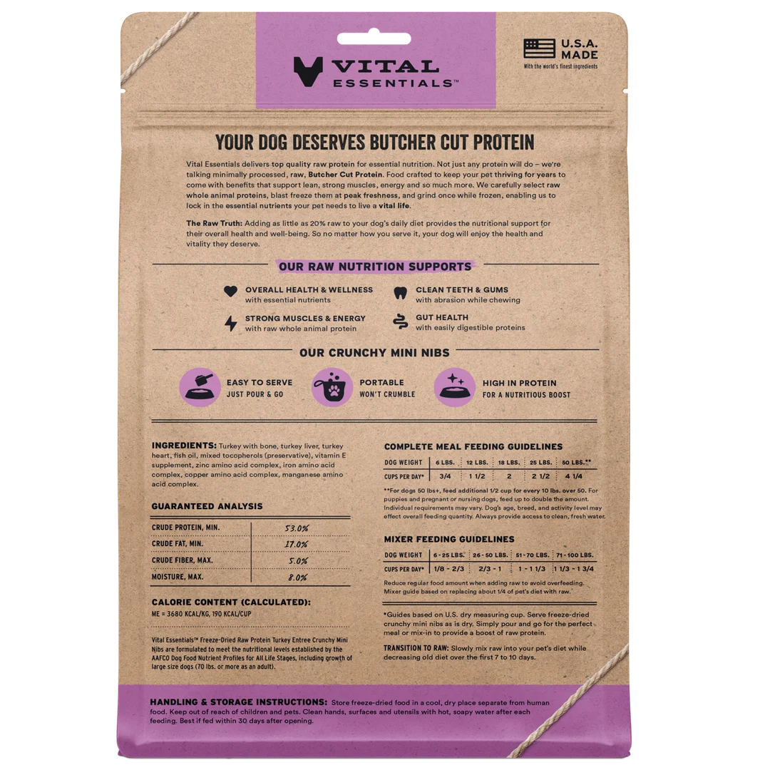 Vital Essentials Freeze-dried Raw Protein Turkey Entrée Cruncy Mini Nibs Dog Treat 396g