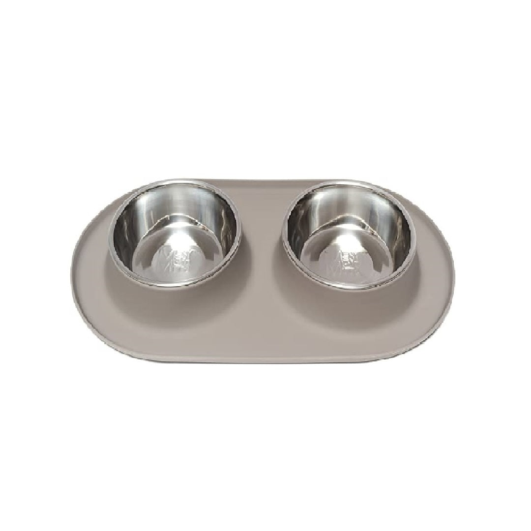 Messy Mutts Gray Double Silicone Dog Feeder with Stainless Bowls Large