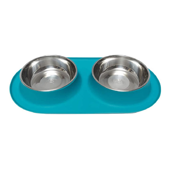 Messy Mutts Blue Double Silicone Dog Feeder with Stainless Bowls 1.5 Cups per Bowl