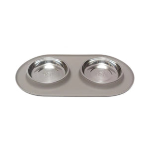Messy Cat Gray Silicone Double Feeder with Stainless Steel Bowls