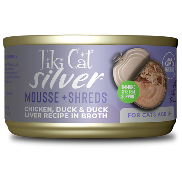 Tiki Cat Cat Canned Food Silver Mousse and Shreds Senior Chicken/Duck/Duck Liver 68g