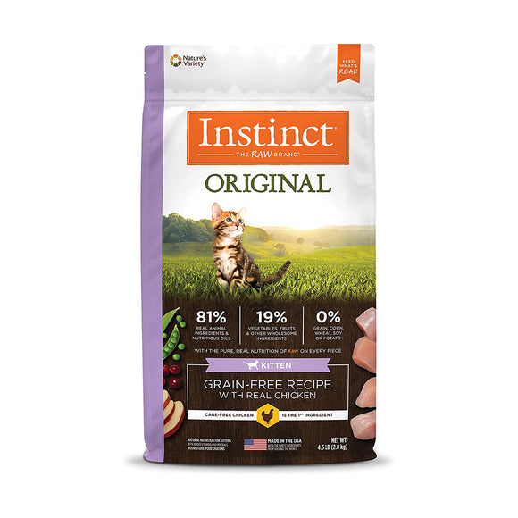 Nature's Variety Instinct Cat Dry Food Original Grain Free Kitten Food with Real Chicken Freeze-Dried Raw Coated 4.5Lbs