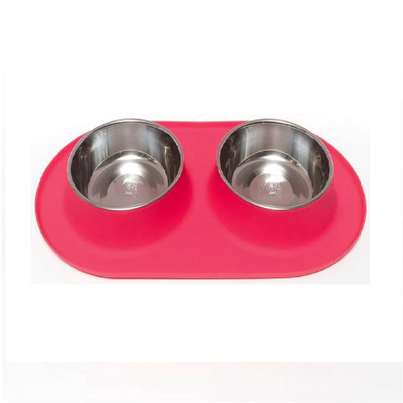 Messy Mutts Red Double Silicone Dog Feeder with Stainless Bowls Large